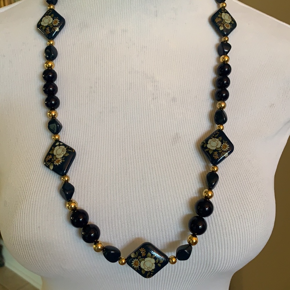 Vtg Blue Lacquered Beaded Necklace JAPAN 29.5” - Picture 3 of 7